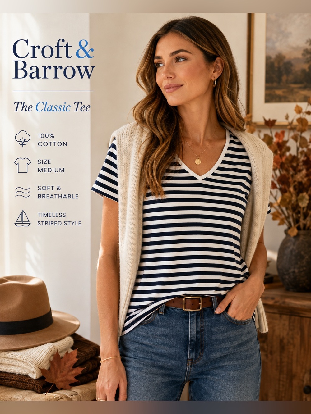 Croft & Barrow Women’s Medium Navy White Striped V Neck Cotton T Shirt